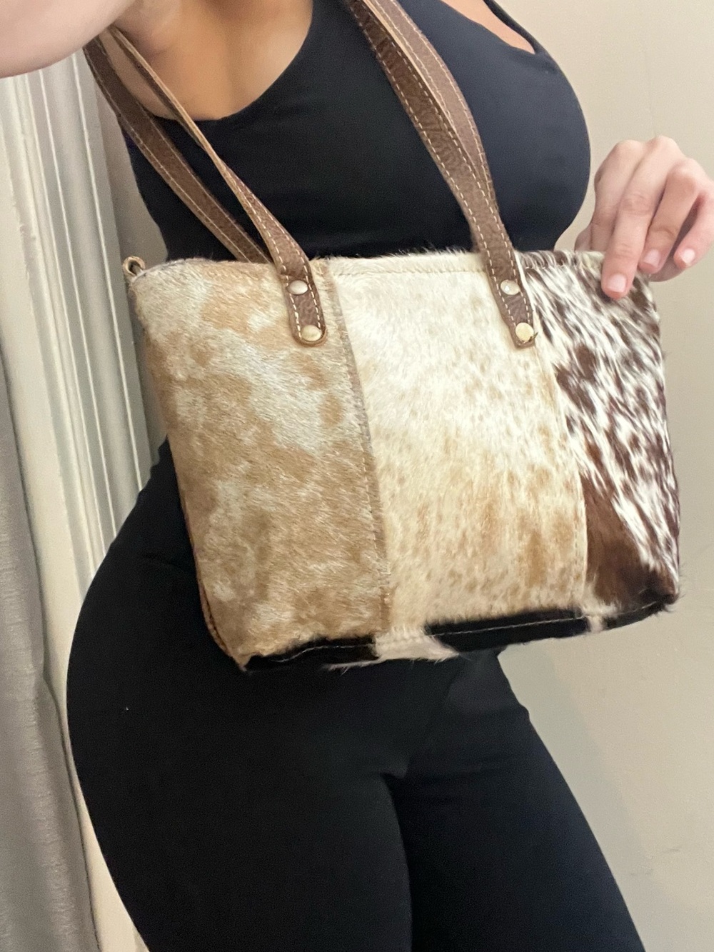 Myra Bag Cowhide Patchwork Shoulder Tote - Brown & Cream